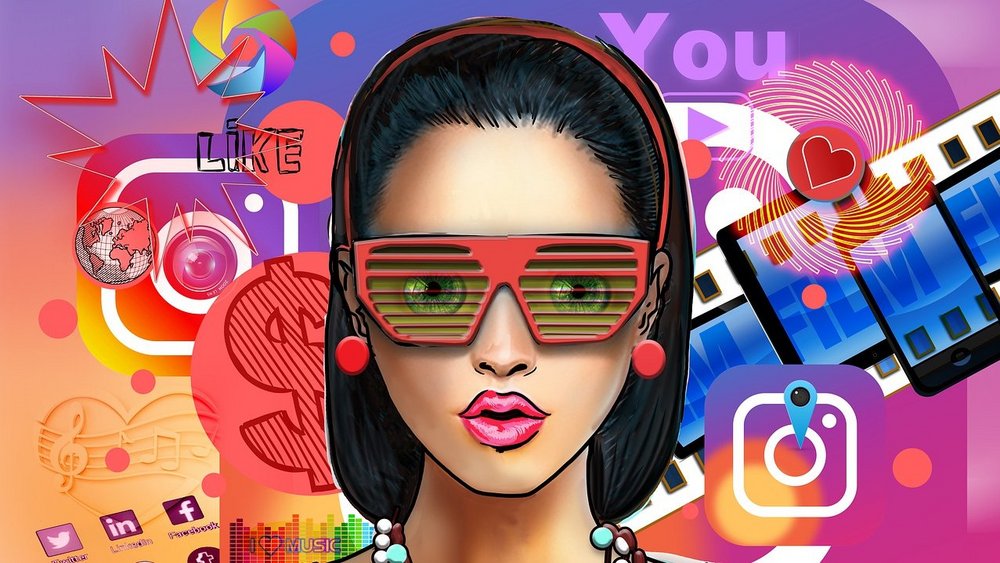 Grafik einer Frau mit Sonnenbrille vor buntem Hintergrund, im Hintergrund ist unter anderem das Instagram-Logo zu erkennen.