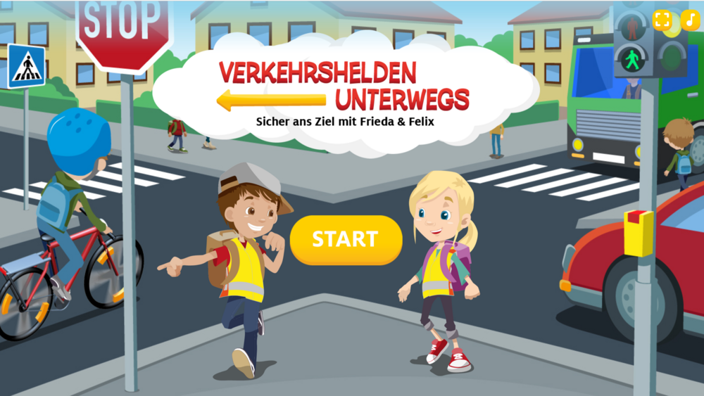 Screenshot des Spiels Verkehrshelden unterwegs: Grafik einer Straßenkreuzung, am Gehsteig davor stehen ein Junge und ein Mädchen, darüber der Schriftzug "Verkehrshelden unterwegs" und ein Start-Button.