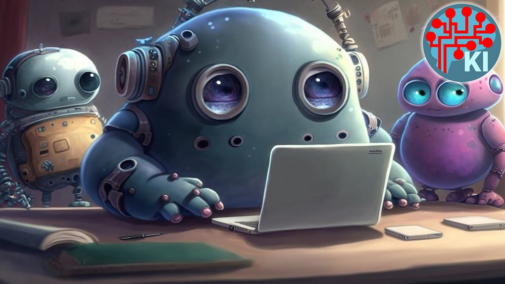 Auf dem Bild sind drei Roboter zu sehen, die um einen Laptop stehen. Diese sind im Comicstil gezeichnet. Rechts oben ist das KI-Logo des Wiener Bildungsservers zu sehen