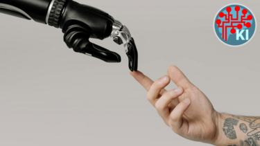 Eine schwarze Roboterhand und eine Menschenhand berühren einander mit den Zeigefingern.