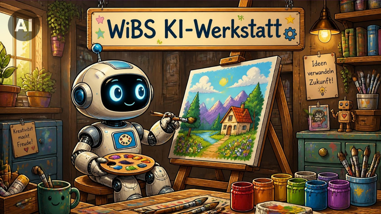 Ein KI-generiertes Bild mit einem kleinen Roboter, der in einem Zimmer ein Bild malt