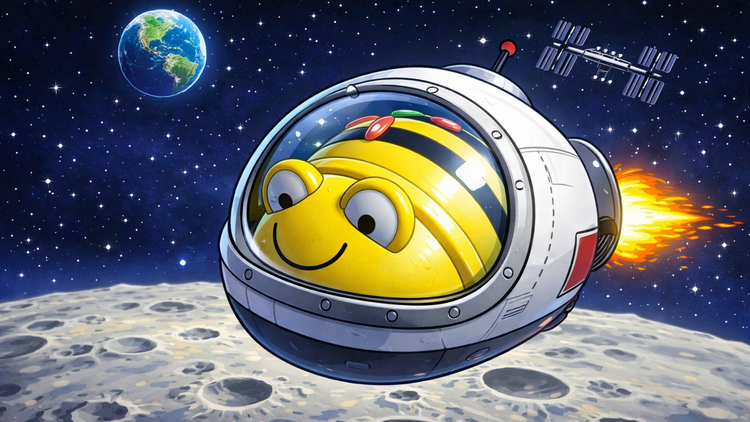 Der Bee-Bot im Comic-Stil auf dem Weg ins Weltall