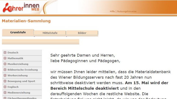 Auf dem Bild ist die Materialdatenbank des Lehrer:innen-Web zu sehen
