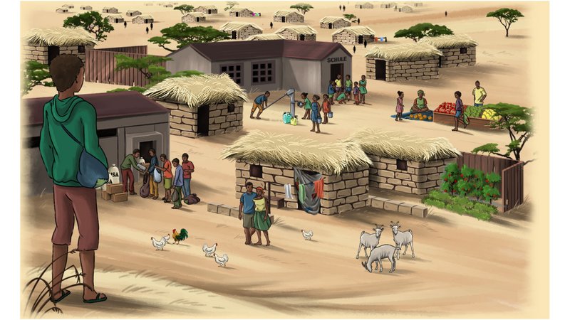 Screenshot des Lernspiels Atu auf der Flucht: Ein Junge steht mit dem Rücken zur Kamera und blickt einen Hügel hinab in ein afrikanisches Flüchtlingslager.
