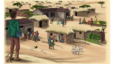 Screenshot des Lernspiels Atu auf der Flucht: Ein Junge steht mit dem Rücken zur Kamera und blickt einen Hügel hinab in ein afrikanisches Flüchtlingslager.