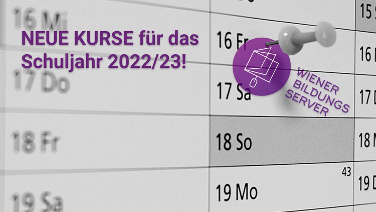 Kalender mit Pinnadel und Logo des Wiener Bildungsservers