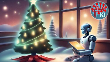 Vor einem Weihnachtsbaum sitzt ein Roboter, das Bild würde durch ein Tool der Künstlichen Intelligenz erstellt
