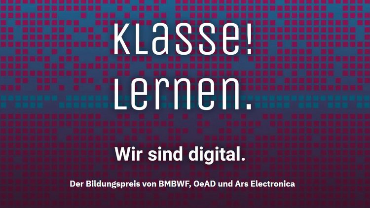 Das Bild zeigt einen Mosaik-Hintergrund mit den Worten "Klasse! Lernen. Wir sind digital."