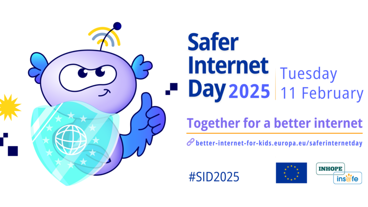 Eine Comicfigur hält ein Schild in der Hand, daneben steht die Überschrift: "Safer Internet Day 2025"