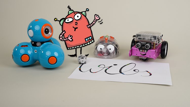 Mehrere Roboter - inklusive einer Roboter-Cartoonfigur - sind auf einem Gruppenbild zu sehen