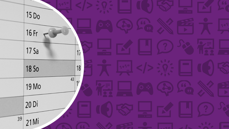 Lila Hintergrund, darauf sind in etwas dünklerer Farbe verschiedene Icons mit Bildungs- und Medienkontext zu erkennen. Links im Bild ist in einem weißen Rahmen ein runder Bildausschnitt eines Kalenders zu sehen.