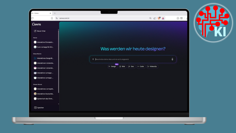Ein Laptop vor blauem Hintergrund. Am Laptop-Bildschirm ist die Oberfläche von Canva AI zu sehen.