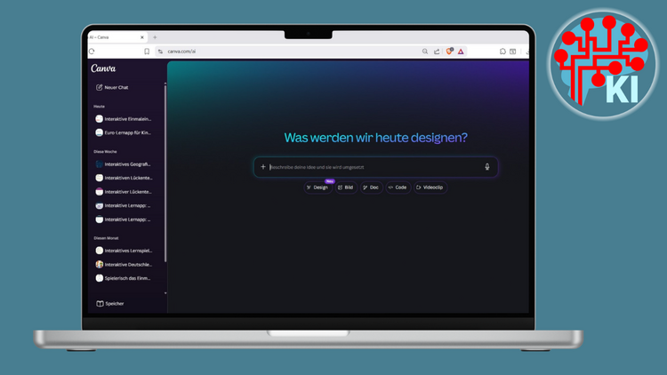 Ein Laptop vor blauem Hintergrund. Am Laptop-Bildschirm ist die Oberfläche von Canva AI zu sehen.