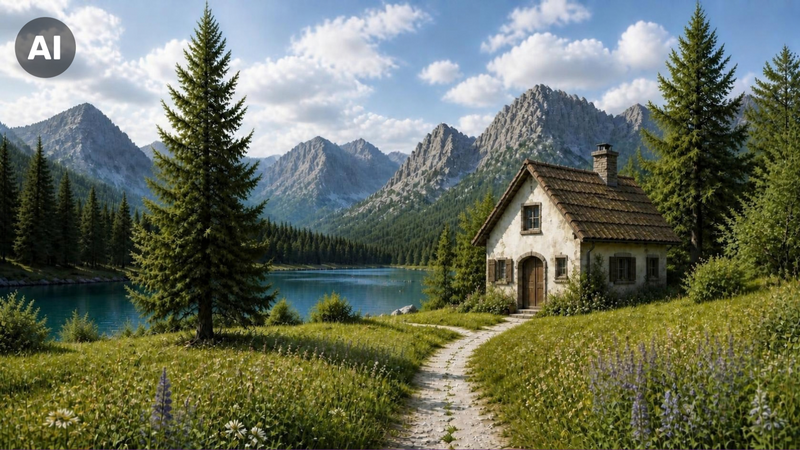 Ein Haus steht vor einer idyllischen Berglandschaft mit Gewässer direkt vor der Haustür