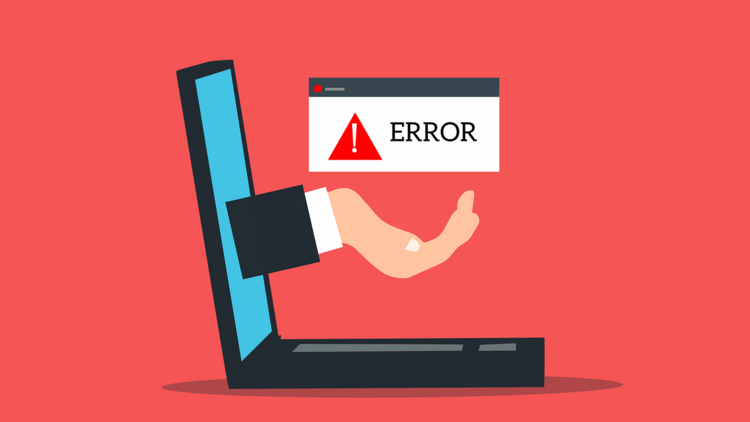 Grafik mit rotem Hintergrund: Zu sehen ist ein Laptop, aus dem eine Hand ragt. Die Hand hält eine Fehlermeldung mit der Aufschrift "Error".