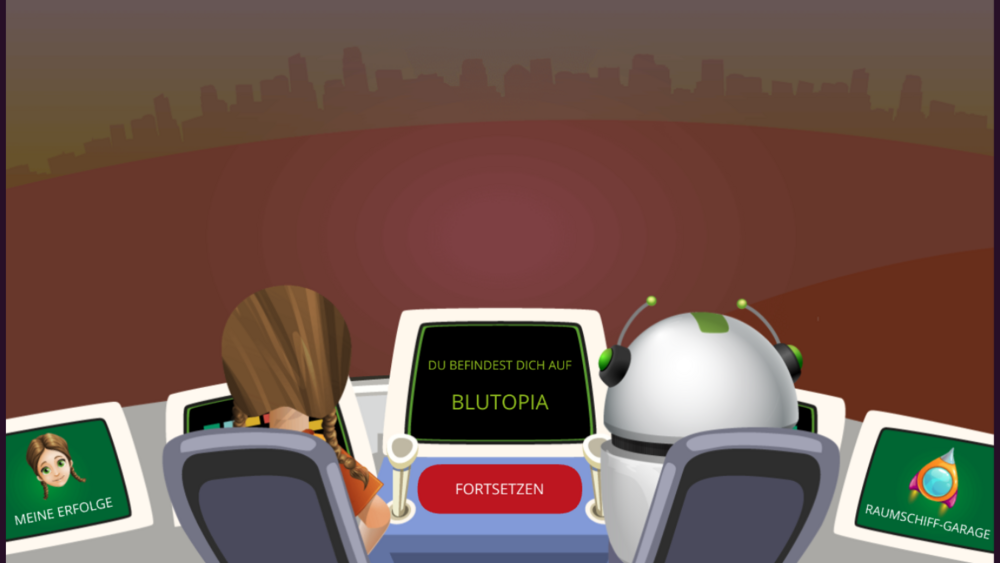 Screenshot aus dem Lernspiel Robitopia: Man sieht die Sicht aus dem Cockpit eines Raumschiffs, eine Person und ein Roboter sitzen nebeneinander und schauen aus dem Cockpit. 