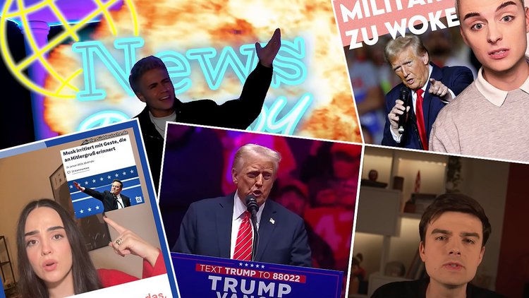 Es sind mehrere Screenshots von Newsfluencer:innen zu sehen, die sich mit dem Thema Trump beschäftigen