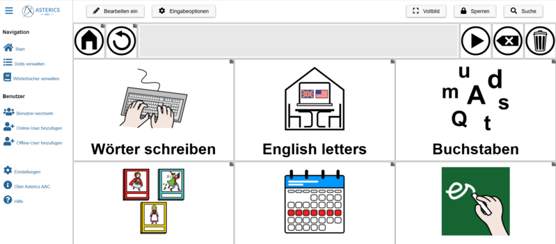 Screenshot von Asterics AAC. Es gibt mehrer Bilder mit "Wörter schreiben", "English letters", etc.