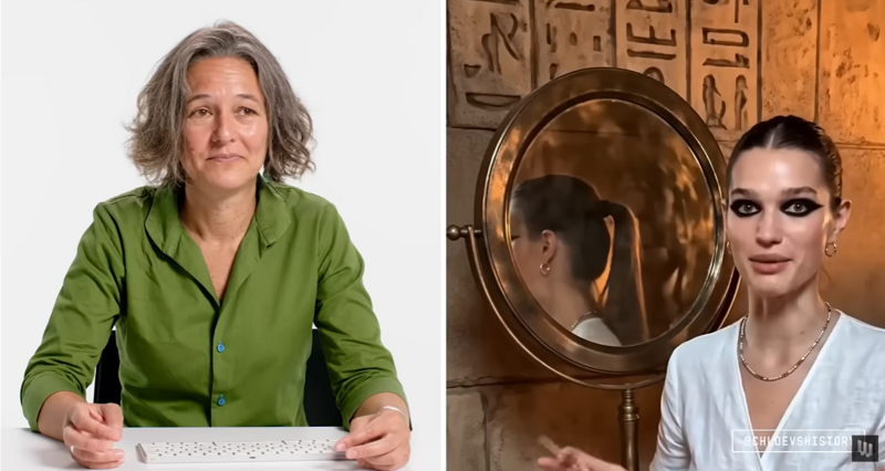 Links ist eine Wissenschaftlerin zu sehen, rechts ein Ausschnitt aus einem Geschichte-Video über das alte Ägypten