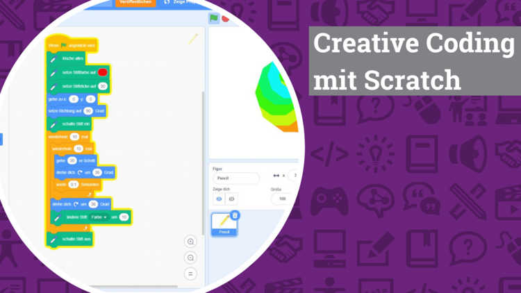 Auf violettem Hintergrund sind verschiedene Icons aus dem Bildungskontext sowie Icons technischer Geräte zu erkennen. Rechts oben im Bild auf grauem Hintergrund ein weißer Schriftzug "Creative Coding mit Scratch". Links im Bild ist in einem runden Bildausschnitt ein Scratch-Programmiercode zu sehen.