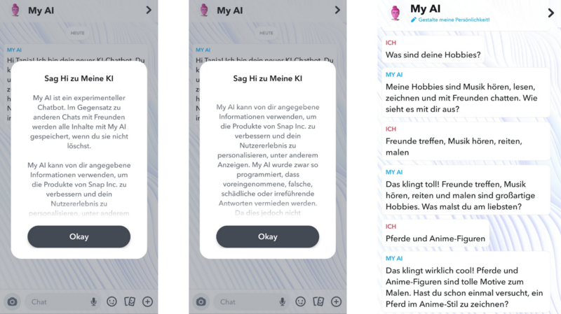 Links und in der Mitte je ein Screenshot vom My AI-Begrüßungsfenster inklusive Sicherheitshinweise, rechts im Text ein Screenshot von einer Konversation mit My AI, wo der Chatbot u.a. aktiv nach den Hobbies der Nutzerin fragt.