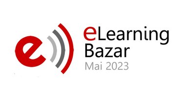 Das eBazar-Logo: Ein kleines e mit drei geschwungenen Bögen, daneben der Schriftzug "eLearning Bazar Mai 2023".