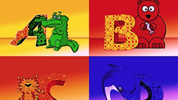 Animierte Tiere vor den Buchstaben A, B, C und D: Ein Alligator, ein Bär, eine Katze/Cat, ein Delfin