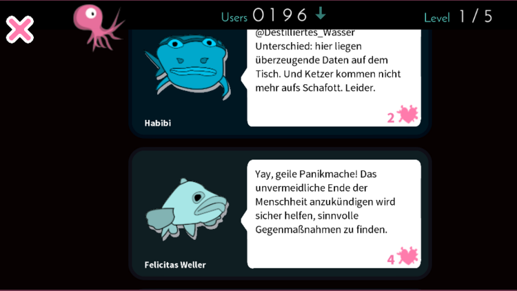 Screenshot aus dem Spiel "Moderate Cuddlefish": Die Chatblasen der Kommentare zweier User:innen sind zu sehen. 