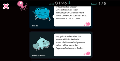 Screenshot aus dem Spiel "Moderate Cuddlefish": Die Chatblasen der Kommentare zweier User:innen sind zu sehen. 