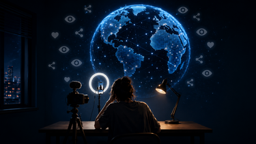 Eine Person sitzt gebeugt an einem Schreibtisch, vor ihr steht ein Smartphone mit einem Ringlicht auf einem Stativ, daneben eine Spiegelreflexkamera auf einem Stativ. Im Hintergrund ist eine digitale Weltkugel zu sehen, umgeben von grauen Like-, View- und Share-Symbolen.