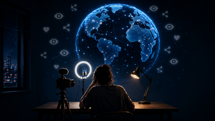 Eine Person sitzt gebeugt an einem Schreibtisch, vor ihr steht ein Smartphone mit einem Ringlicht auf einem Stativ, daneben eine Spiegelreflexkamera auf einem Stativ. Im Hintergrund ist eine digitale Weltkugel zu sehen, umgeben von grauen Like-, View- und Share-Symbolen.