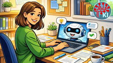 KI-generiertes Bild in Comic-Optik einer Frau, die an einem Schreibtisch vor einem Laptop sitzt. Am Laptop-Bildschirm ist ein lächelnder Roboterkopf zu sehen.