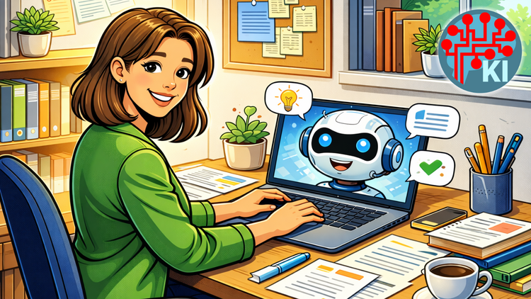 KI-generiertes Bild in Comic-Optik einer Frau, die an einem Schreibtisch vor einem Laptop sitzt. Am Laptop-Bildschirm ist ein lächelnder Roboterkopf zu sehen.