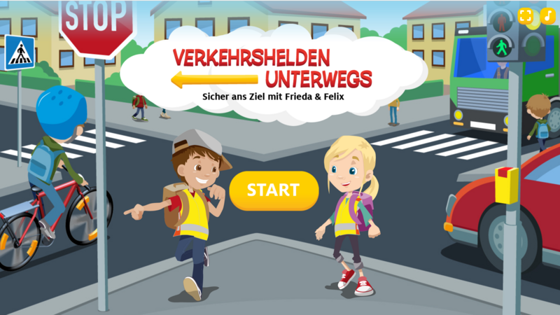 Screenshot des Spiels Verkehrshelden unterwegs: Grafik einer Straßenkreuzung, am Gehsteig davor stehen ein Junge und ein Mädchen, darüber der Schriftzug "Verkehrshelden unterwegs" und ein Start-Button.