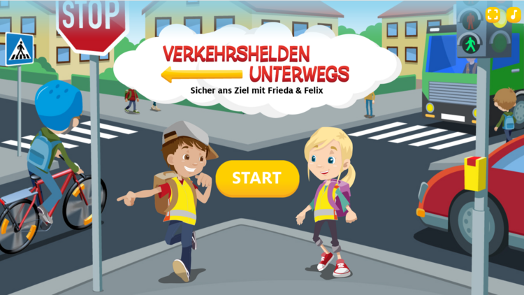 Screenshot des Spiels Verkehrshelden unterwegs: Grafik einer Straßenkreuzung, am Gehsteig davor stehen ein Junge und ein Mädchen, darüber der Schriftzug "Verkehrshelden unterwegs" und ein Start-Button.