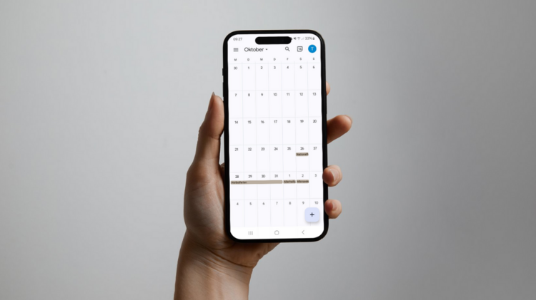 Eine Hand hält ein Smartphone, am Display ist eine Kalenderapp zu sehen, in der Ferien eingetragen sind.