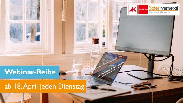 Ein Bildschirm und ein Laptop stehen auf einem Schreibtisch, dazu der Text: "Webinar-Reihe: ab 18. April jeden Dienstag"