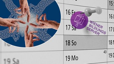 Ein Kalender mit dem Logo des Wiener Bildungsservers, links oben menschliche und digitale Hände berühren sich