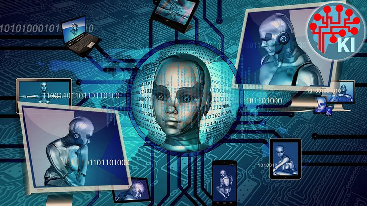 Auf dem Bild sind Roboter und digitale Endgeräte zu sehen