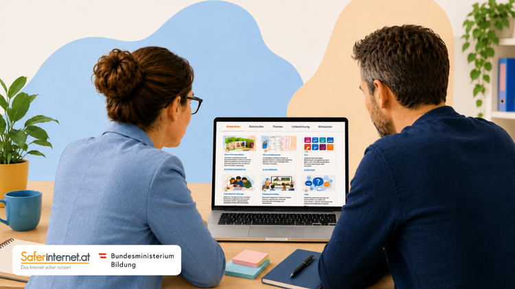 Zwei Personen sitzen vor einem Computerbildschirm und betrachten die Webseite von Saferinternet.at