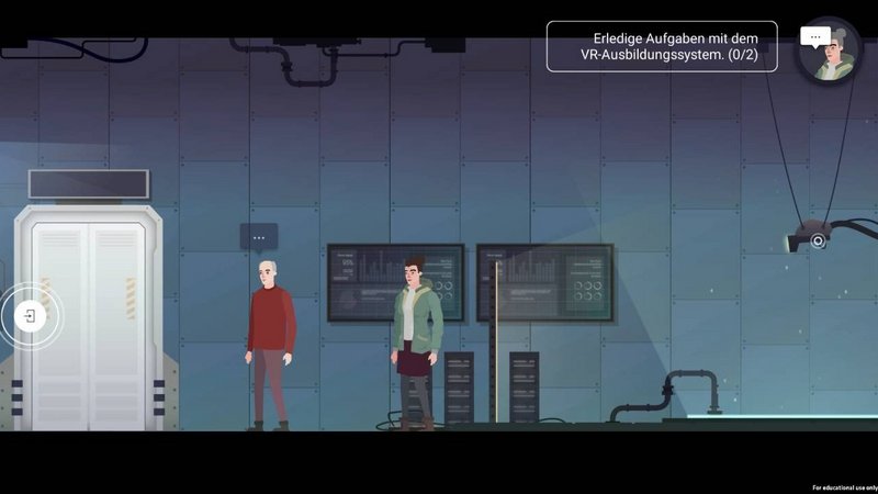 Ein Screenshot aus der Lernspiel-App Re:construction: Zwei Männer stehen in einem technischen Labor, rechts oben am Bildschirm ist die Anweisung "Erledige Aufgaben mit dem VR-Ausbildungssystem" zu lesen.