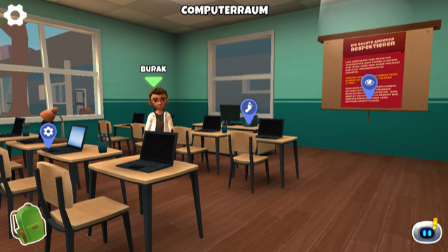 Ein Screenshot aus der App Wo ist Goldi: Man sieht ein Klassenzimmer und verschiedene ansteuerbare Punkte, im Klassenzimmer steht ein Schüler.