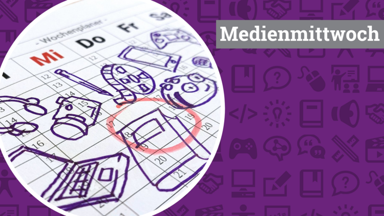 Auf lila Hintergrund sind in etwas dünklerer Farbe verschiedene Icons mit Medien- und Bildungskontext zu erkennen. Links im Bild ein runder Bildausschnitt mit weißem Rahmen, darin ist die Nahaufnahme eines Wochenplaners mit diversen gezeichneten Icons von Laptop, Smartphone, Buch, Kopfhörer, Kamera etc. zu sehen. Rechts im Bild der weiße Schriftzug "Medienmittwoch" auf grauem Hintergrund.