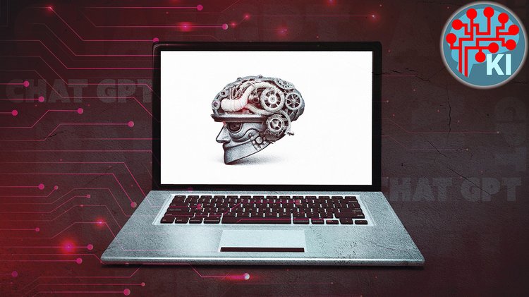 Auf einem Laptop ist ein künstliches Roboter-Gehirn zu sehen, im Hintergrund steht ChatGPT