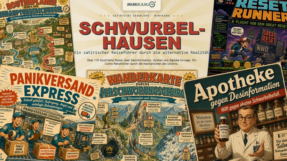 Auf dem Bild sind mehrere Poster aus dem Mimikama-Heft "Schwurbelhausen"
