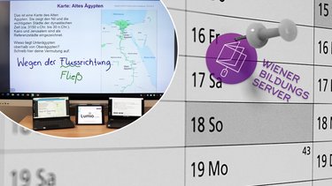 Ein Kalender mit dem Logo des Wiener Bildungsservers, links oben ein Smart Board und digitale Geräte