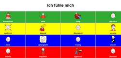 Eine Kommunikationstafel mit der Überschrift "Ich fühle mich". Darunter stehen unterschiedliche Emotionen, wie zum Beispiel traurig oder wütend.