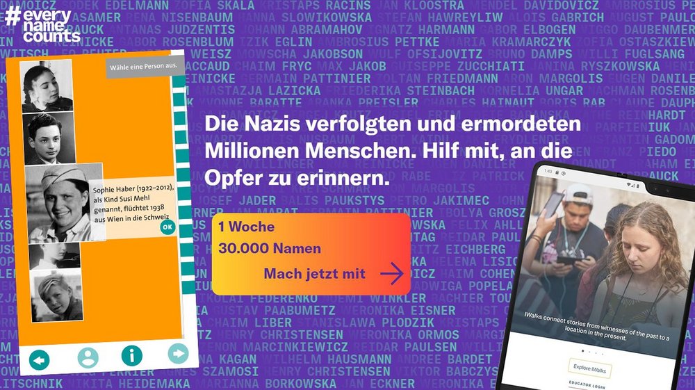 Über einem Screenshot der Homepage "Every name counts" sind Screenshots der Apps "iWalk" und "Fliehen vor dem Holocaust"