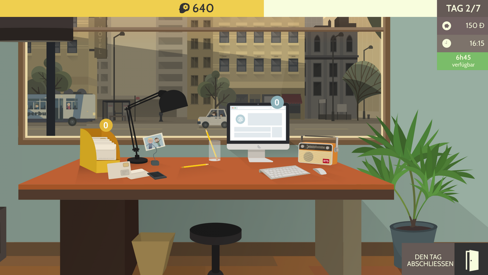 Screenshot der Spieloberfläche: Eine computergenerierte Grafik eines Büro-Arbeitsplatzes ist zu sehen.