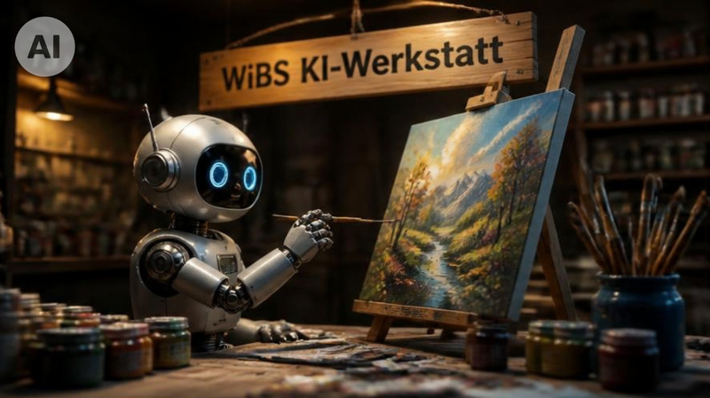 Fotorealistisches Bild eines Roboters, der auf einer Staffelei ein Bild malt